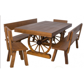 Conjunto de Mesa de Madeira Roda de Carroça 2,00x1,00m com Bancos com Encosto Madeira Rústica Imbuia